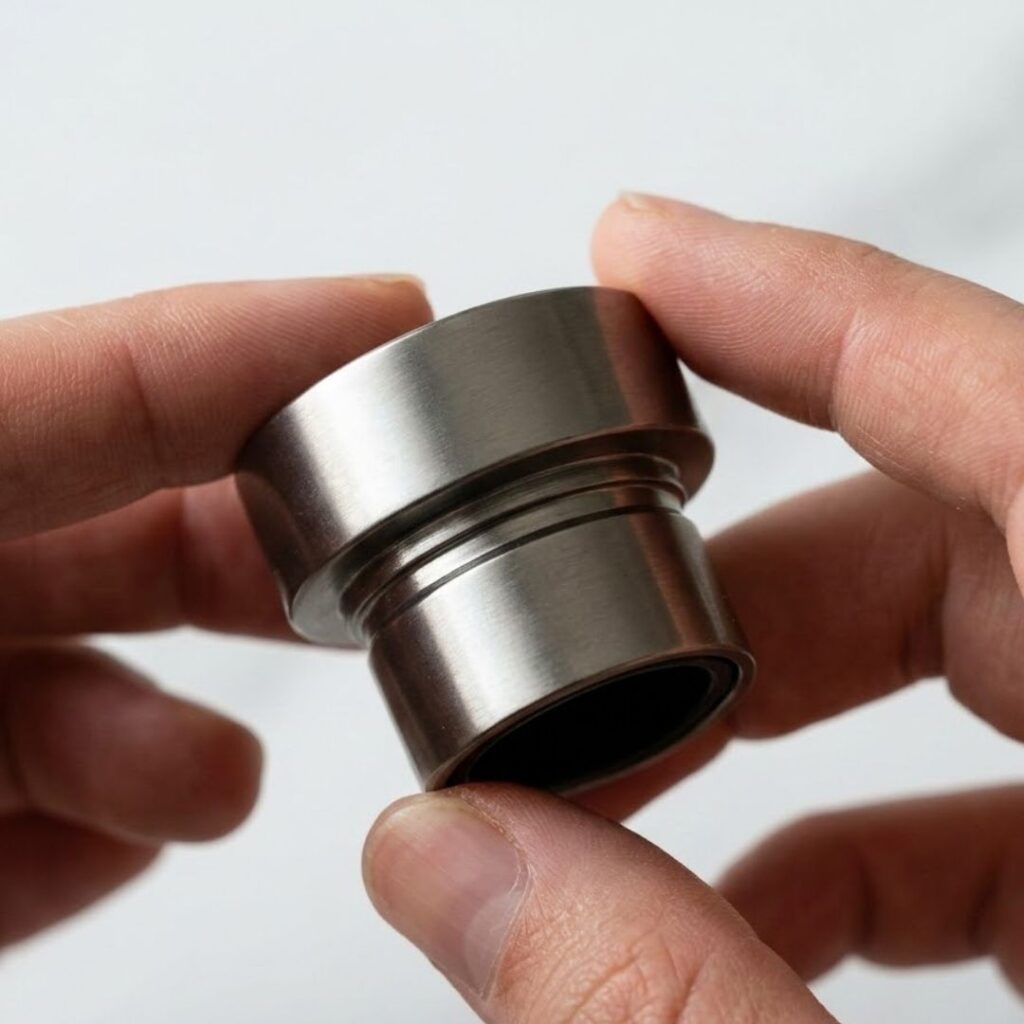 a heavy metallic perfume closure held in a person's hands.