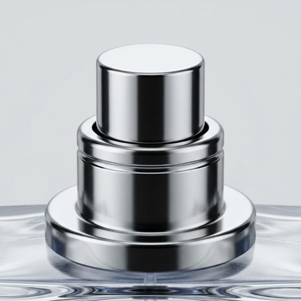 Macro shot of perfectly machined metallic perfume collar and cap.
