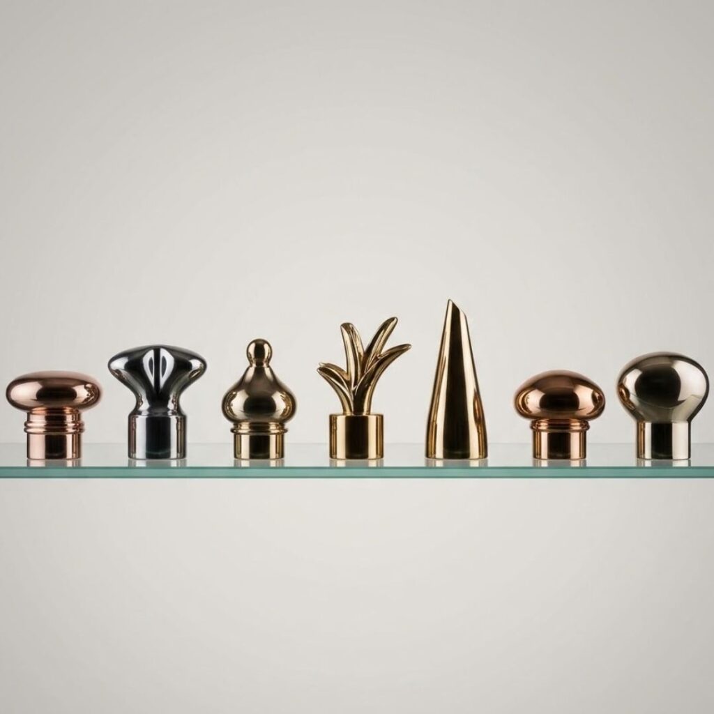 Unique, sculptural metallic perfume caps displayed on a minimalist shelf.