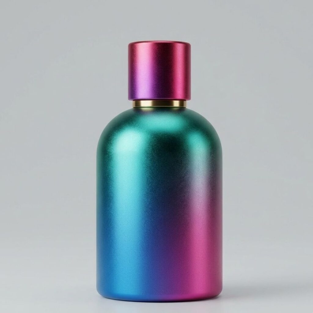 Perfume bottle with textured, anodized metallic finish catching light.
