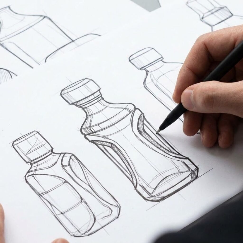 A detailed close-up shot focusing on a designer's hand using a pen to sketch intricate and unique bottle structures on paper, illustrating the custom design process.