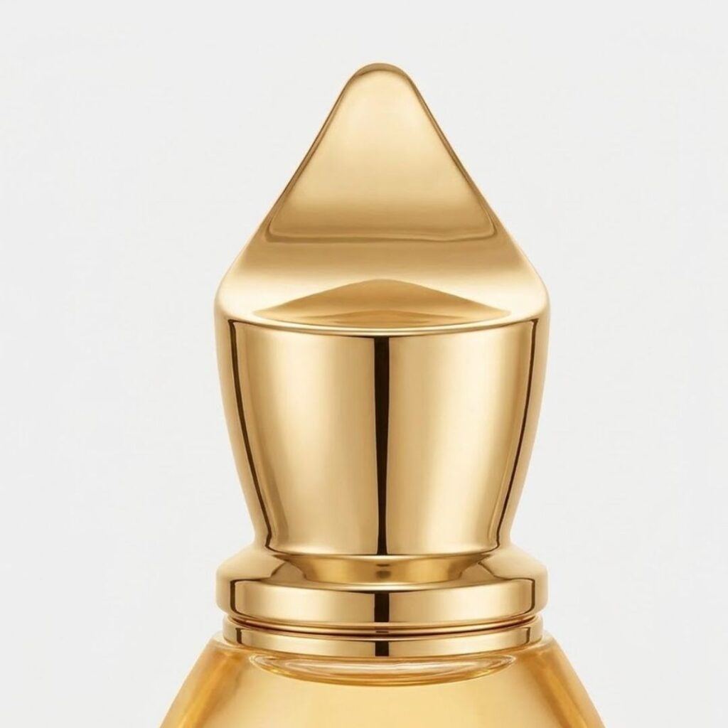 A detailed macro photograph shows a shiny, weighted gold closure on an elegant glass perfume bottle.