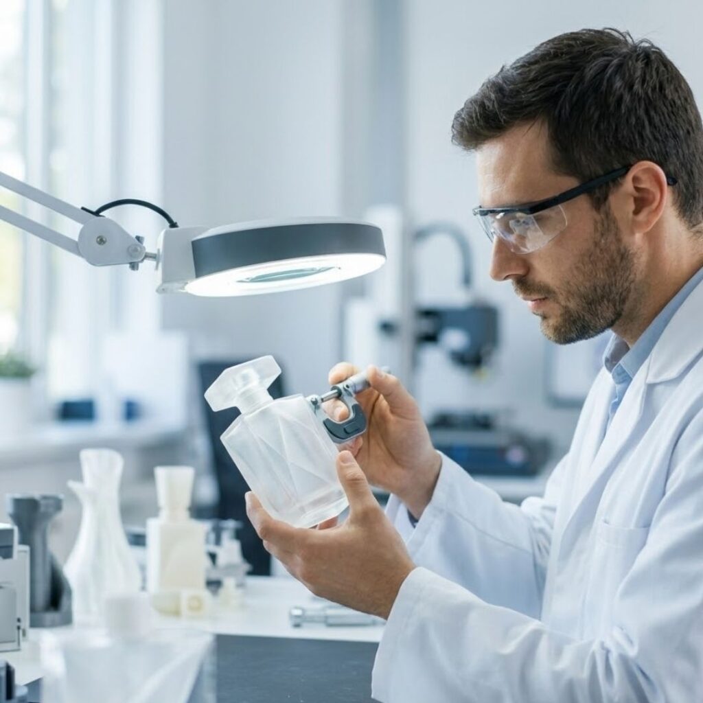 A focused technician in a clean lab setting inspects a translucent 3D printed prototype of a unique perfume bottle design.