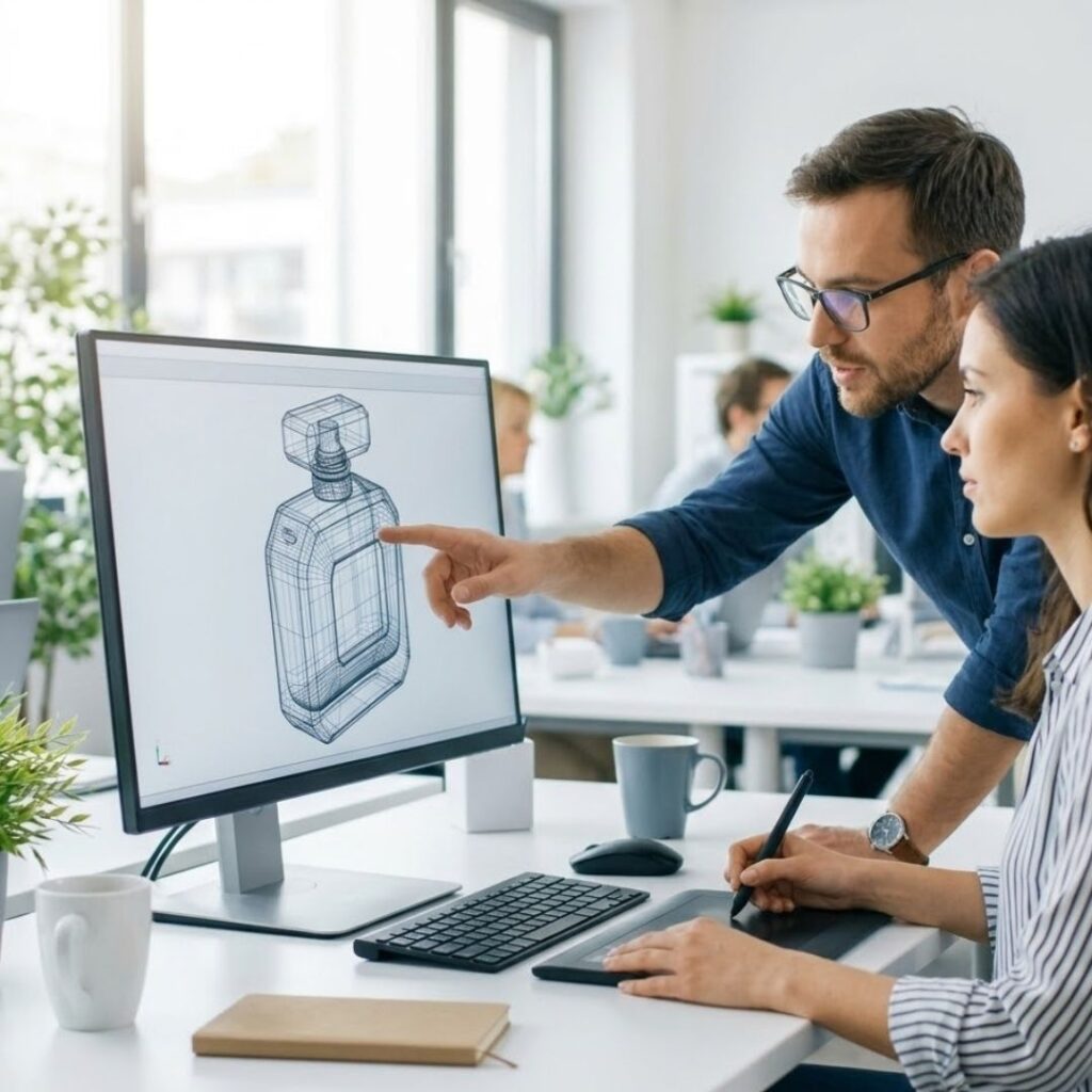 Engineer and designer reviewing bottle CAD drawing