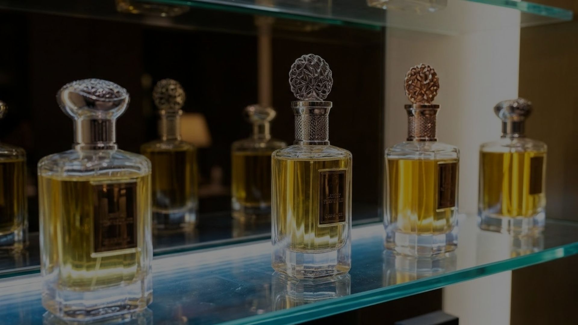 Several luxury perfume bottles with decorative gold caps are neatly arranged on an illuminated glass retail shelf.