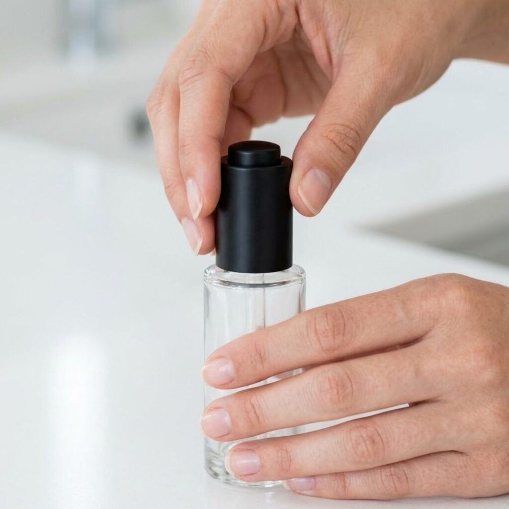 a pair of hands carefully fitting a matte black closure onto a glass cosmetic bottle.