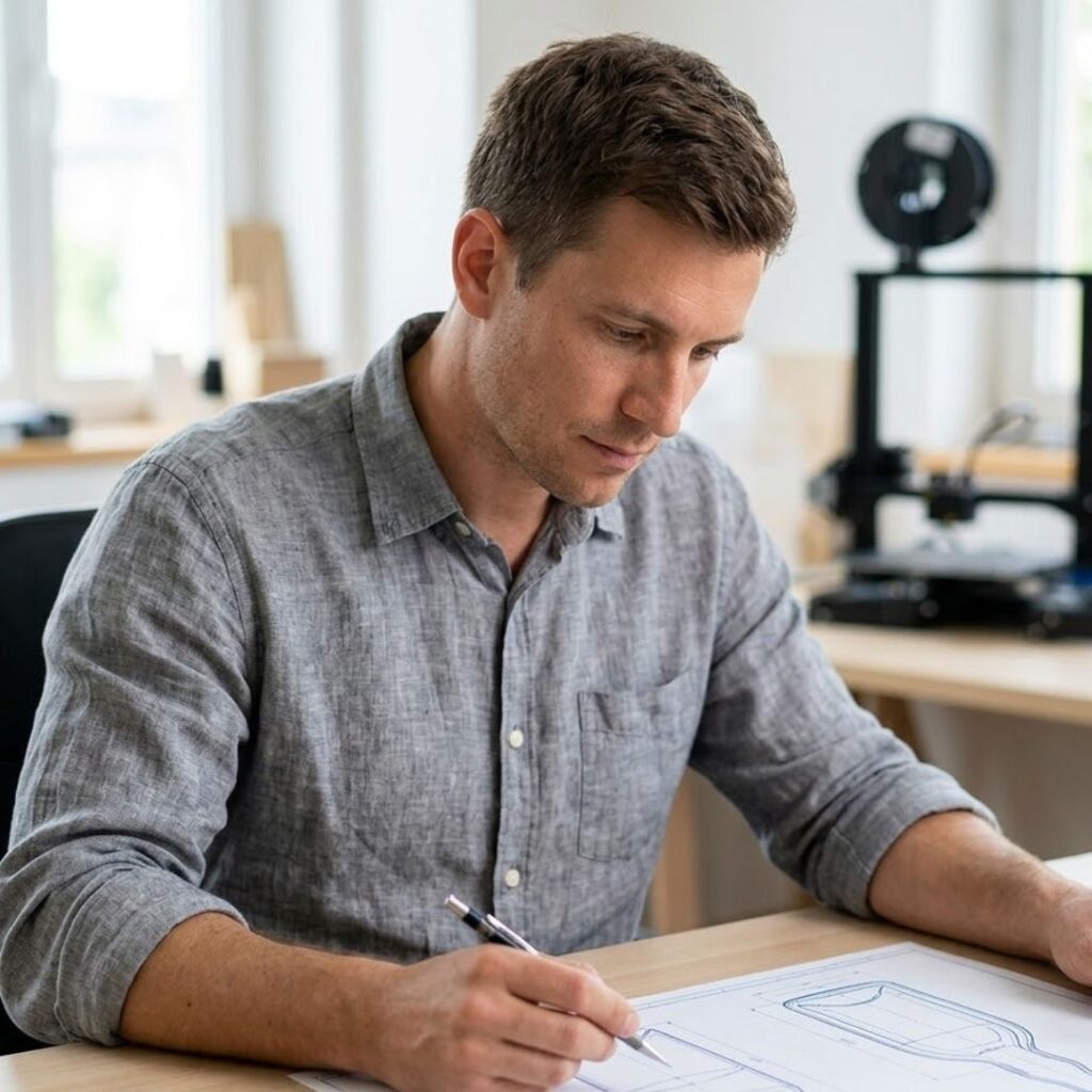 A focused industrial designer examines a technical drawing of a complex glass bottle profile.