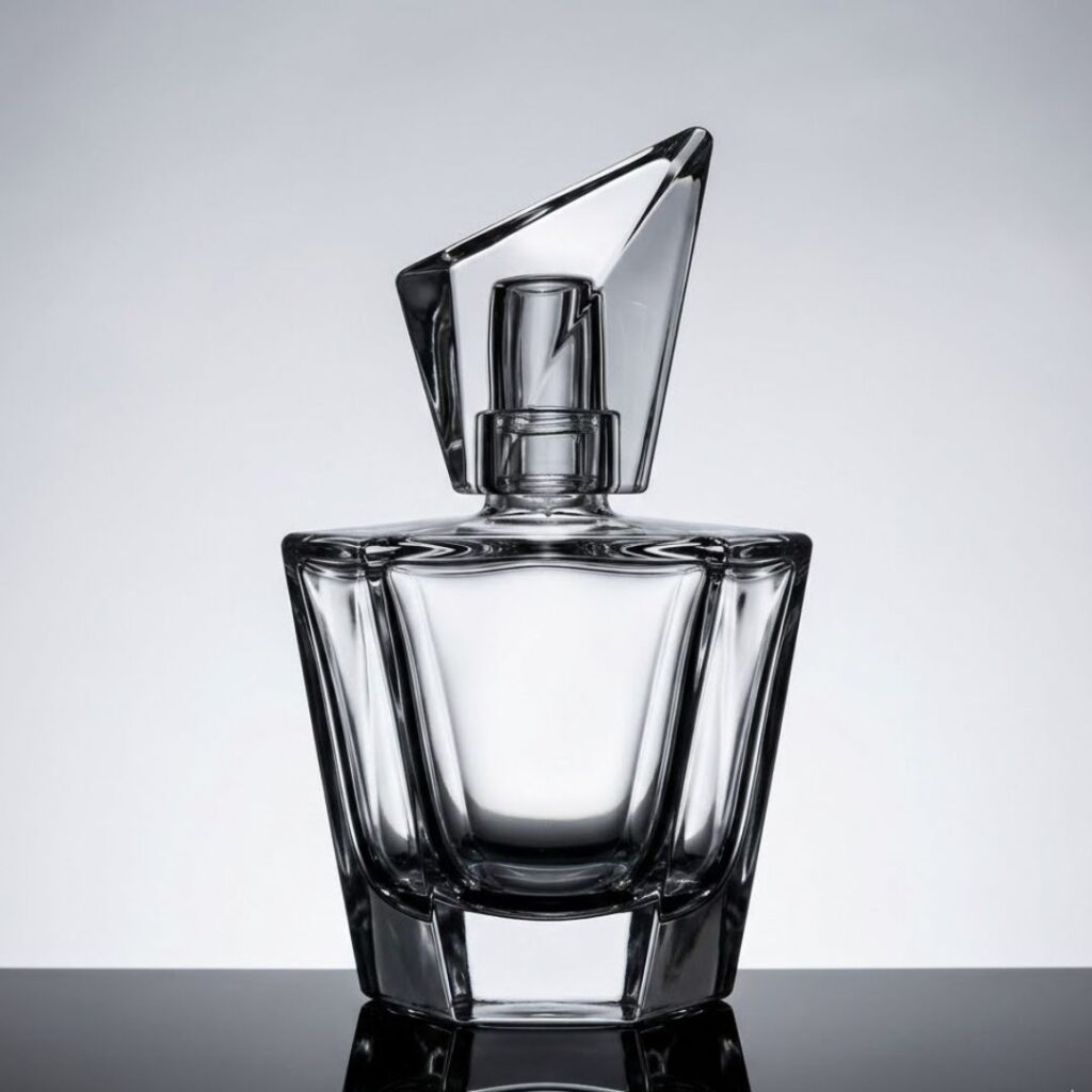 An artistic photograph emphasizing the unique, architectural silhouette of an empty, faceted crystal perfume bottle with a dramatic geometric glass closure.