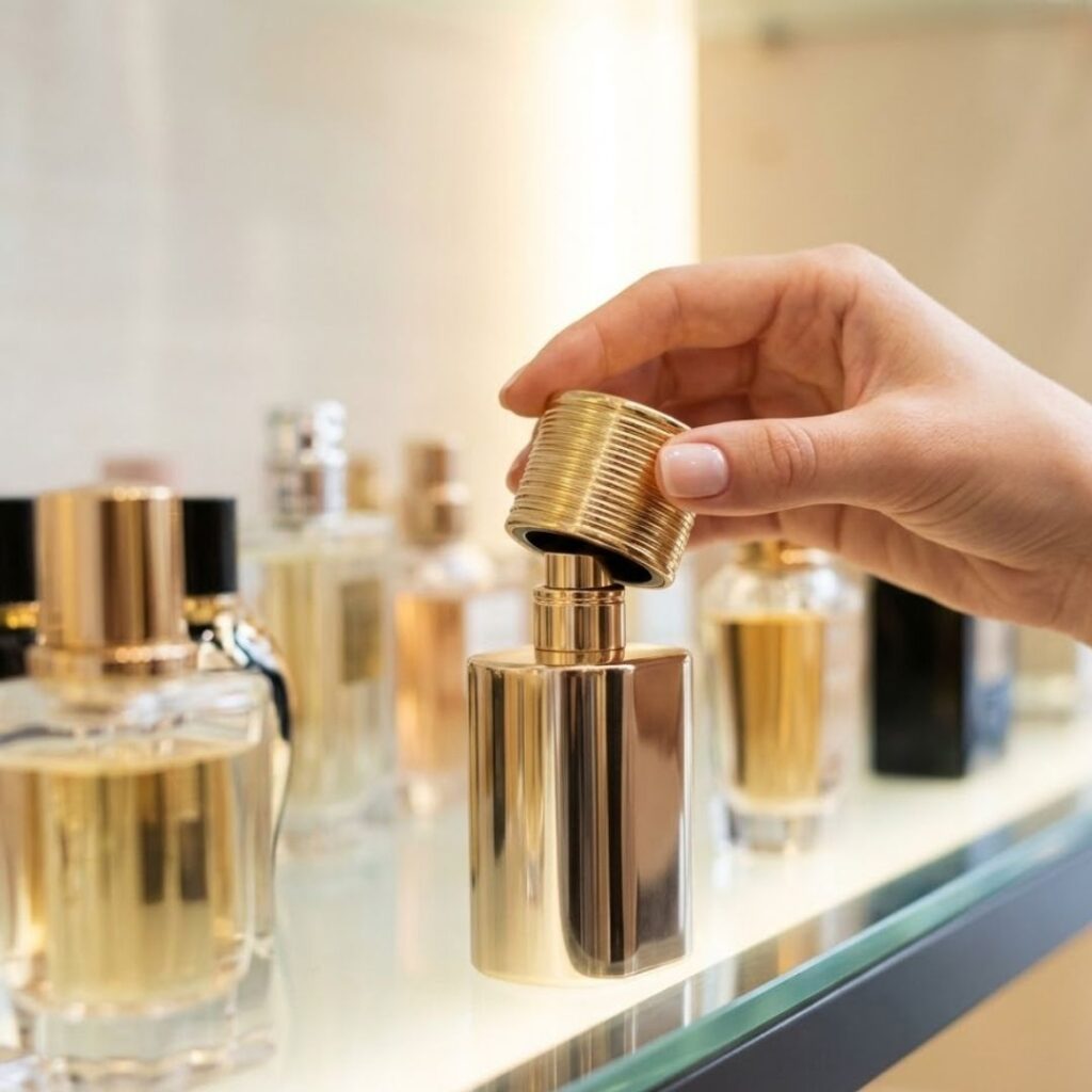 a hand gently lifting a decorative gold cap from a perfume bottle on a boutique shelf.