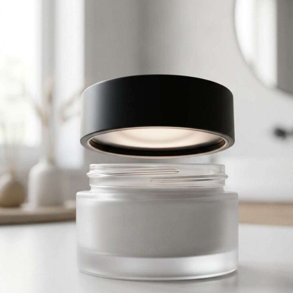 a cosmetic jar's magnetic closure hovering just before sealing.