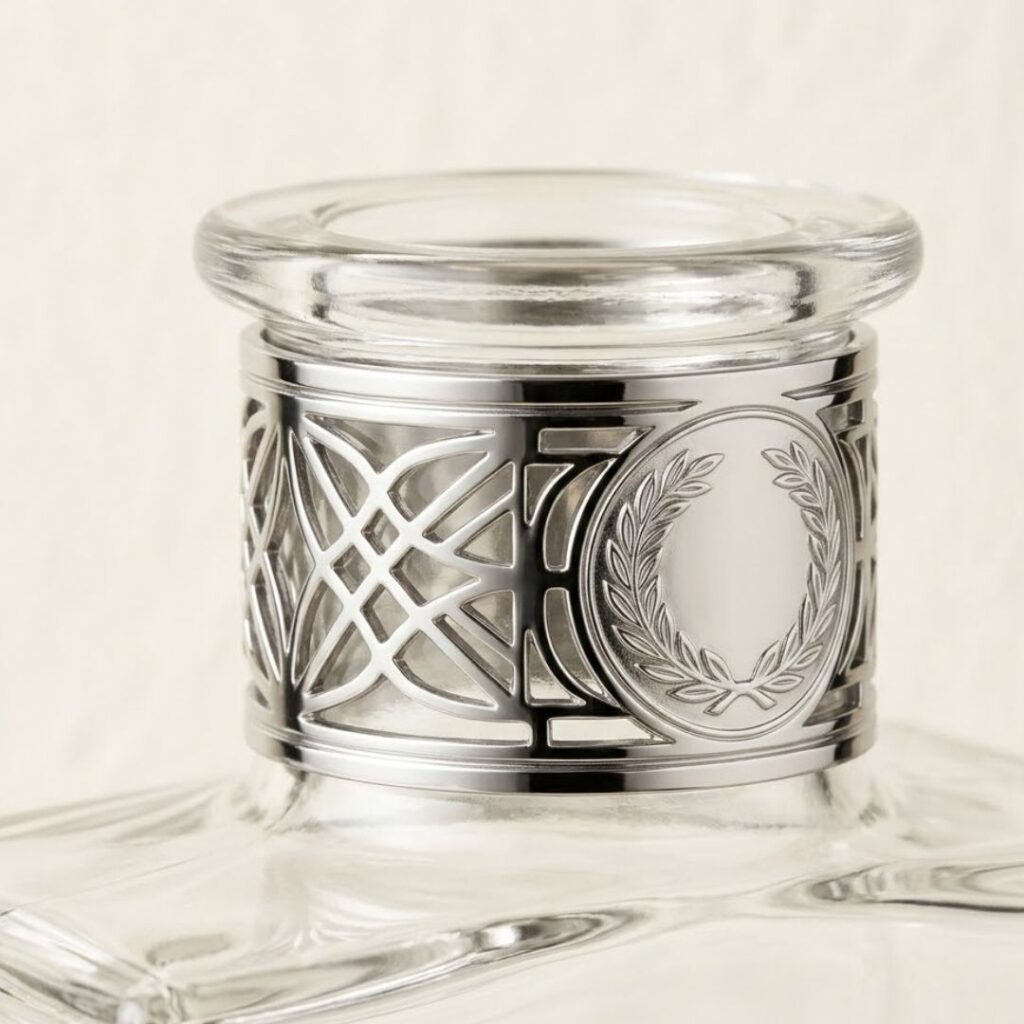 the intricate details of a polished metal collar with embossed filigree on a bottle neck.
