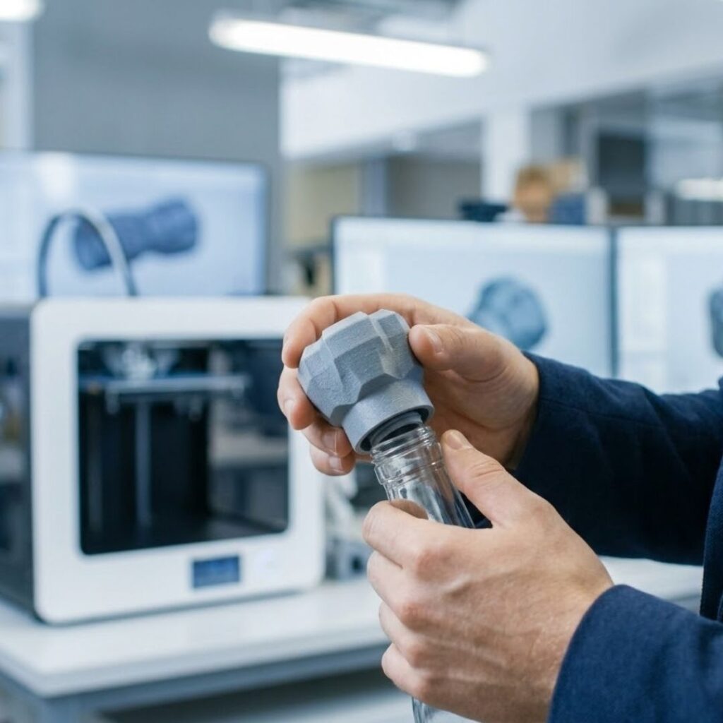 a designer's hands examining a 3D printed prototype of a bottle closure in a modern workshop setting.