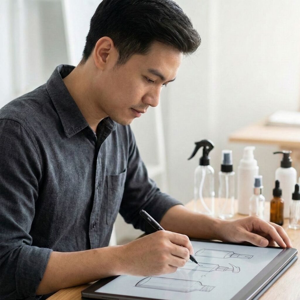A professional designer sketches new bottle and closure concepts on a tablet in a modern studio.