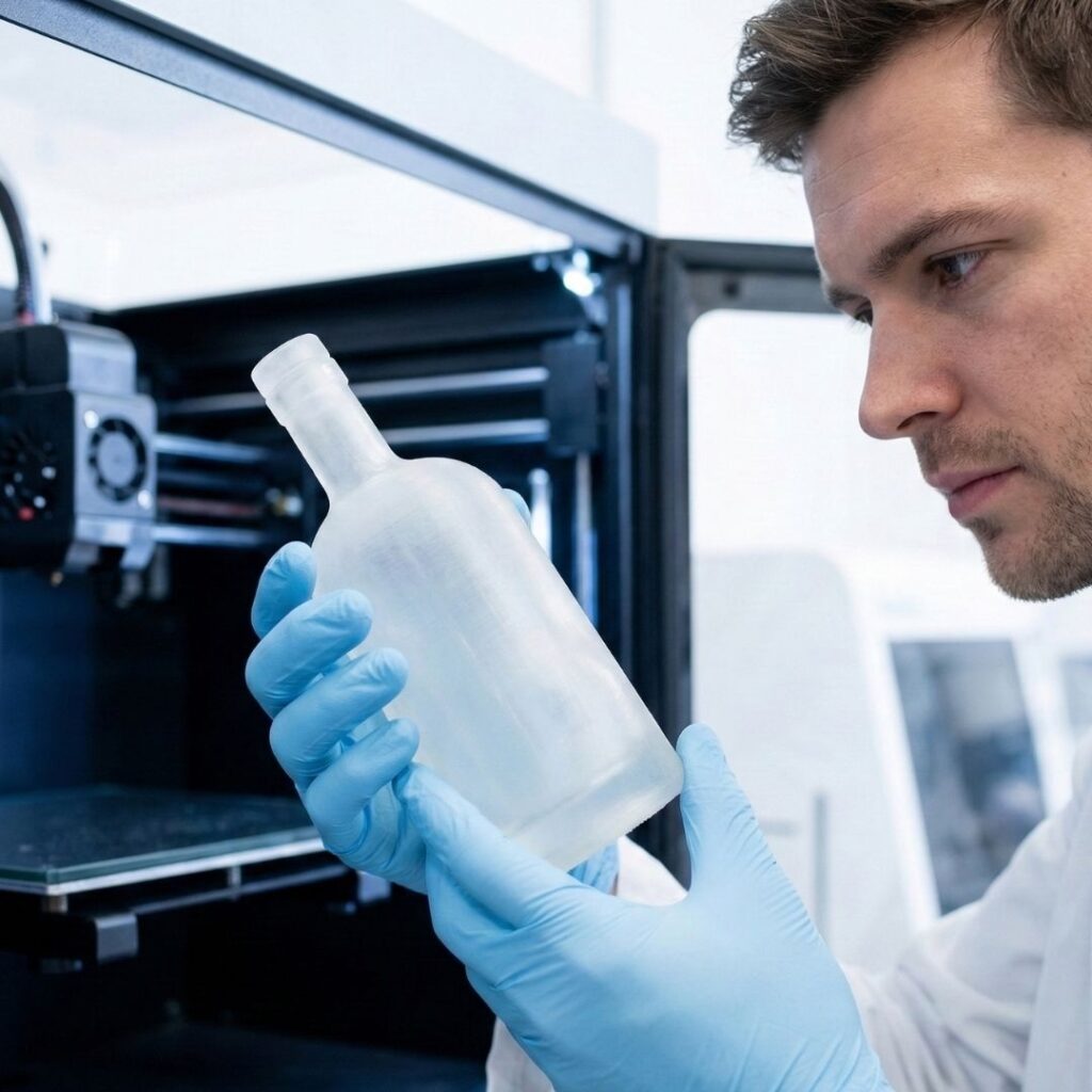 A lab technician inspects a detailed 3D-printed prototype of a custom bottle design.