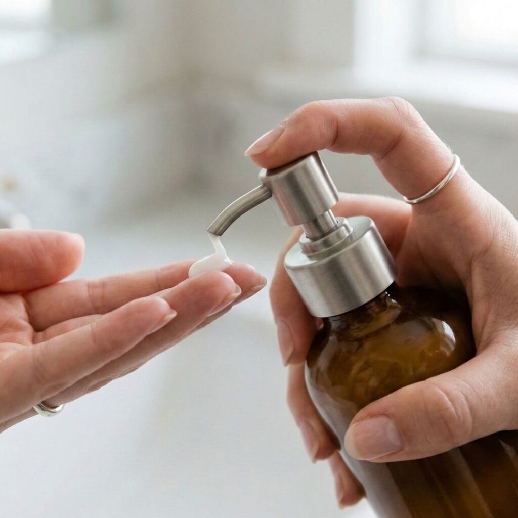 A detailed close-up showing a hand interacting with a high-end matte pump dispenser on a glass bottle.