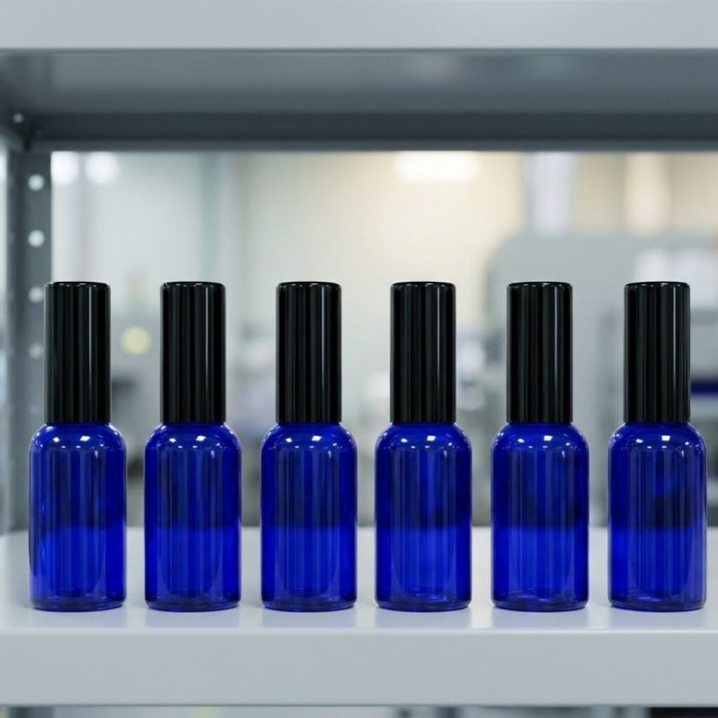 A row of finished cobalt blue cosmetic bottles with secure black caps stands in a production facility.