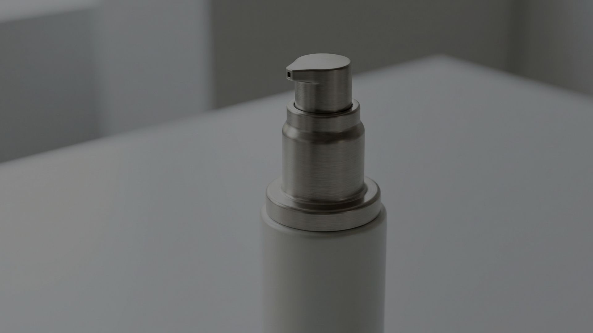 A detailed close-up of a sleek cosmetic bottle with a high-quality metallic pump dispenser.